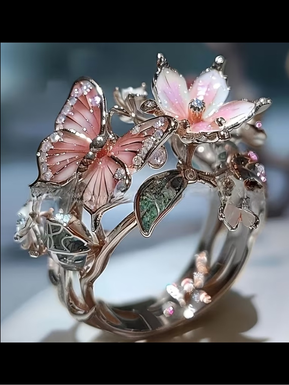 Delicate Pink Butterfly & Flower Ring - Women's Jewelry